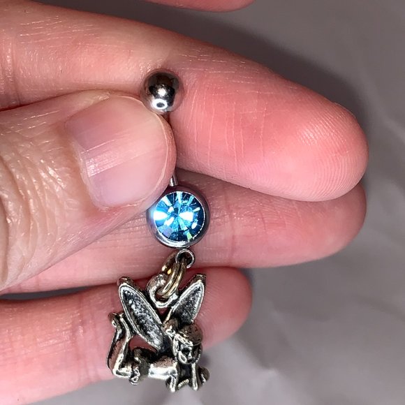 Tink Fairy with Aqua Blue gem, Fairy Design Dangle Belly Ring - Picture 4 of 15
